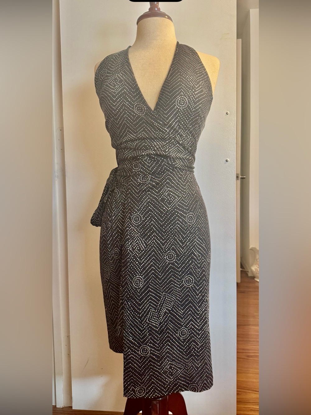 Diane Von Furstenberg Knit Black Wrap Dress with White Geometric Print